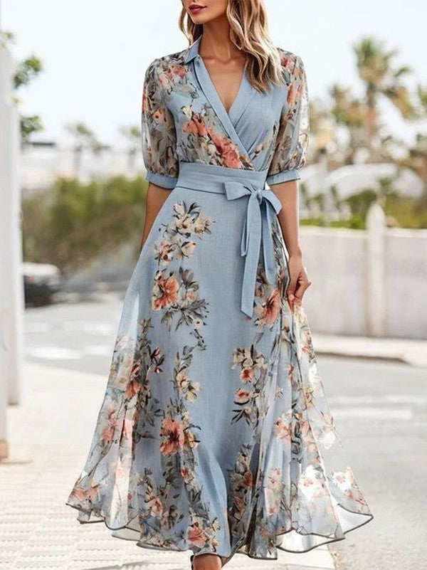 Women's Floral V-Neck Maxi Dress | Tie Waist - hero