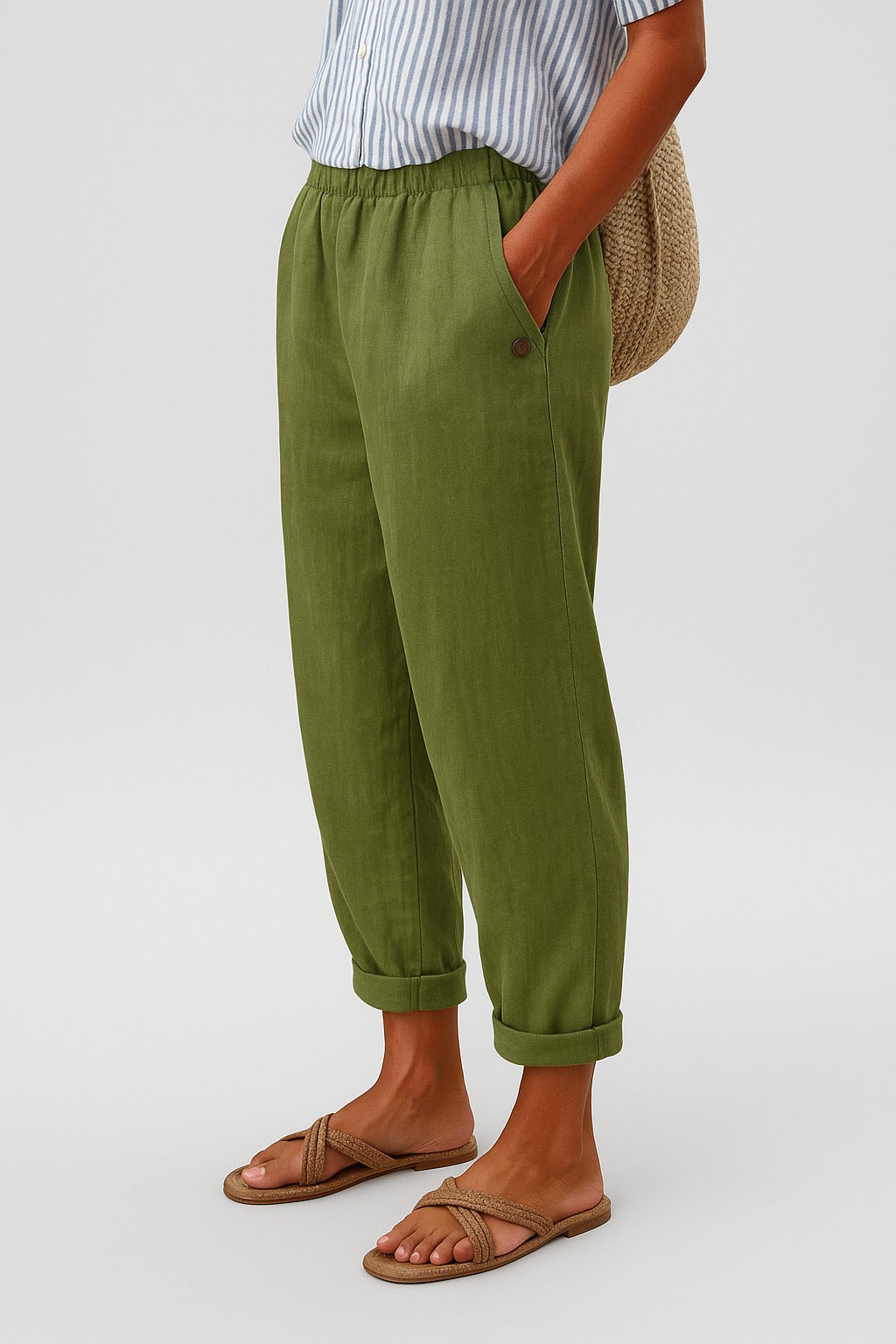 Women's Linen Stylish Trousers | Cropped Side Pockets - front