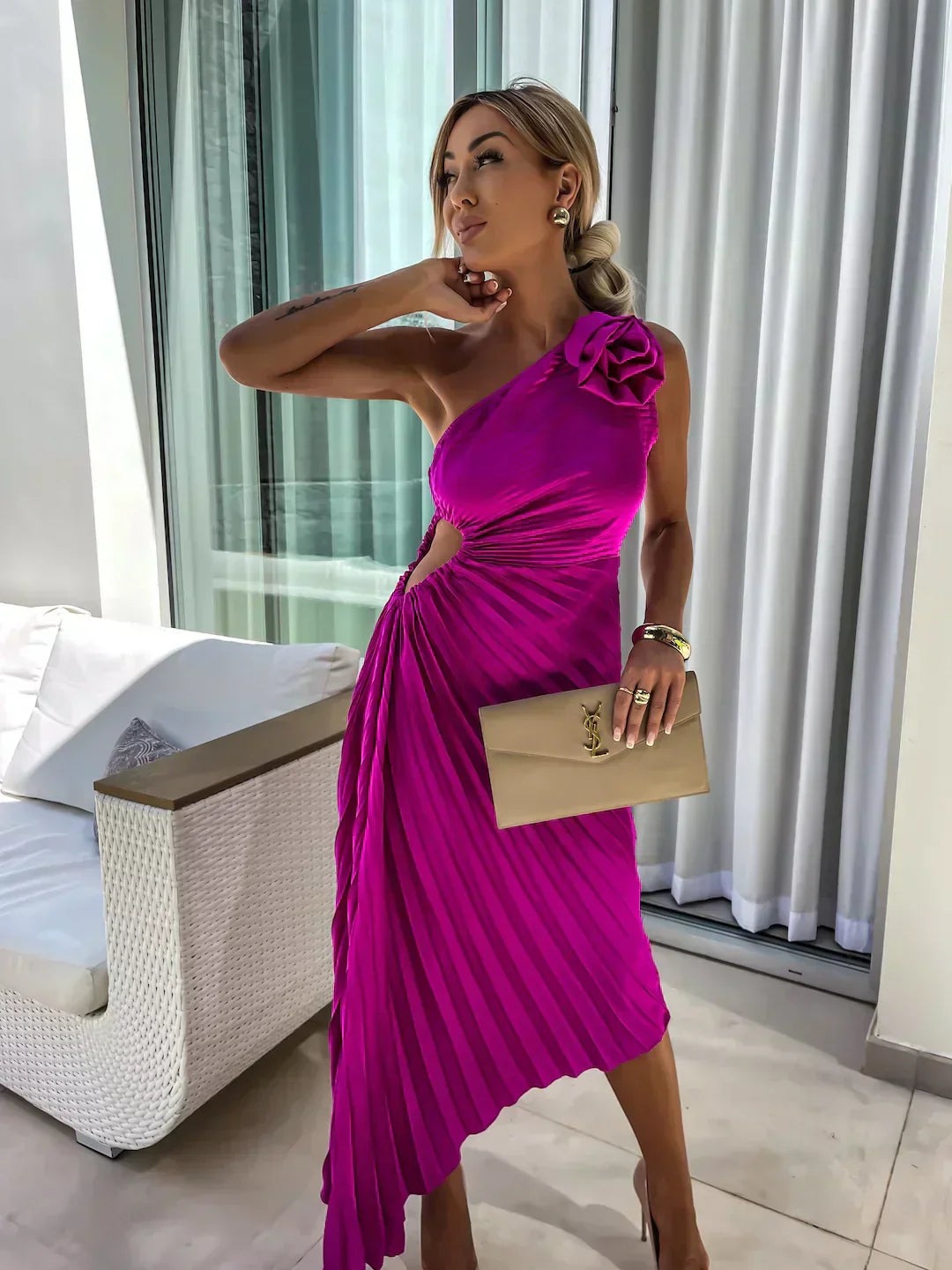 Women's One-Shoulder Pleated Midi Dress - angle