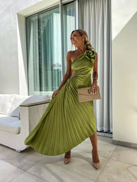Women's One-Shoulder Pleated Midi Dress - front