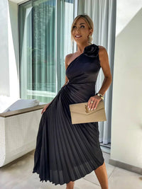 Women's One-Shoulder Pleated Midi Dress - lifestyle