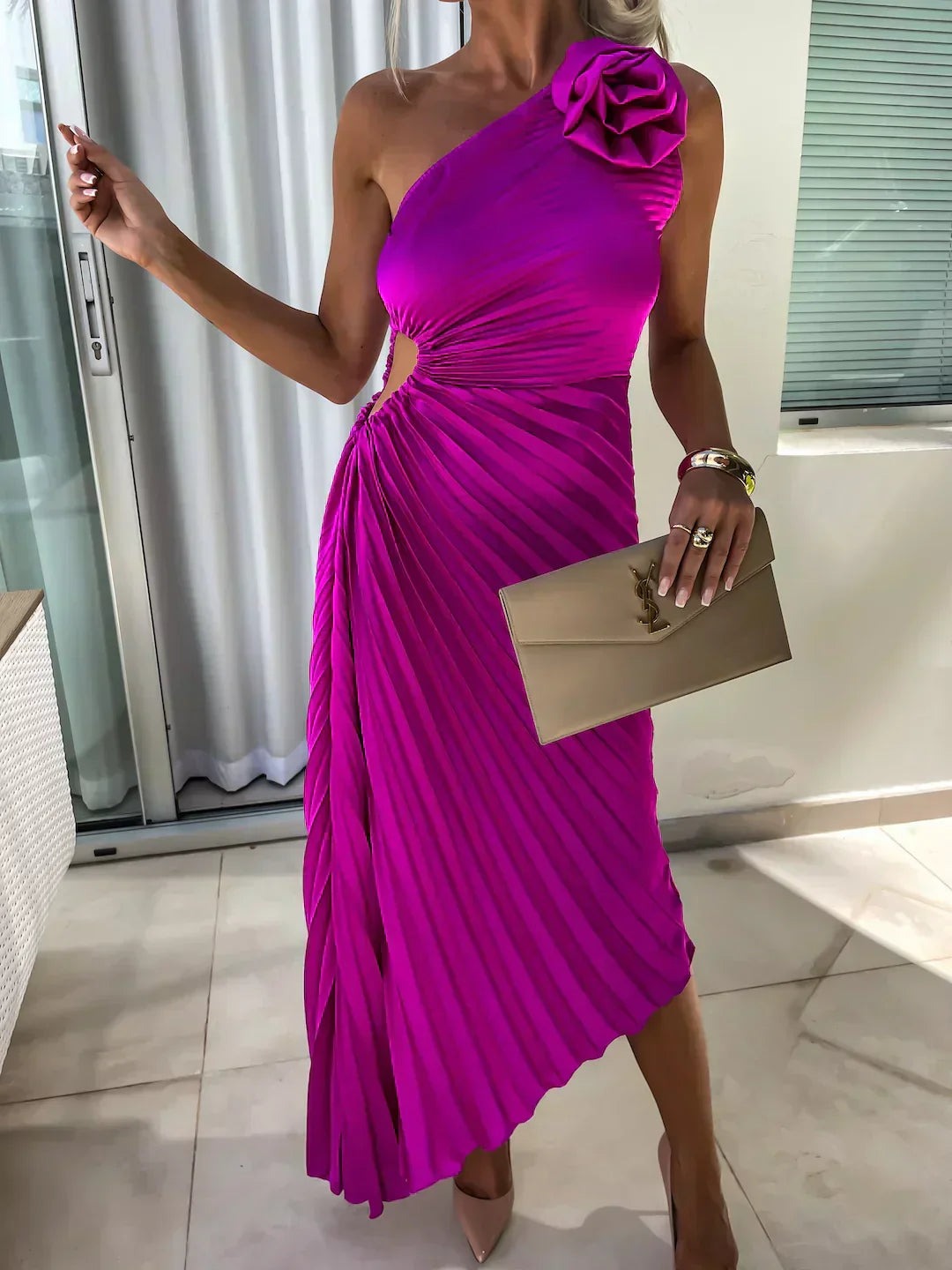 Women's One-Shoulder Pleated Midi Dress - look