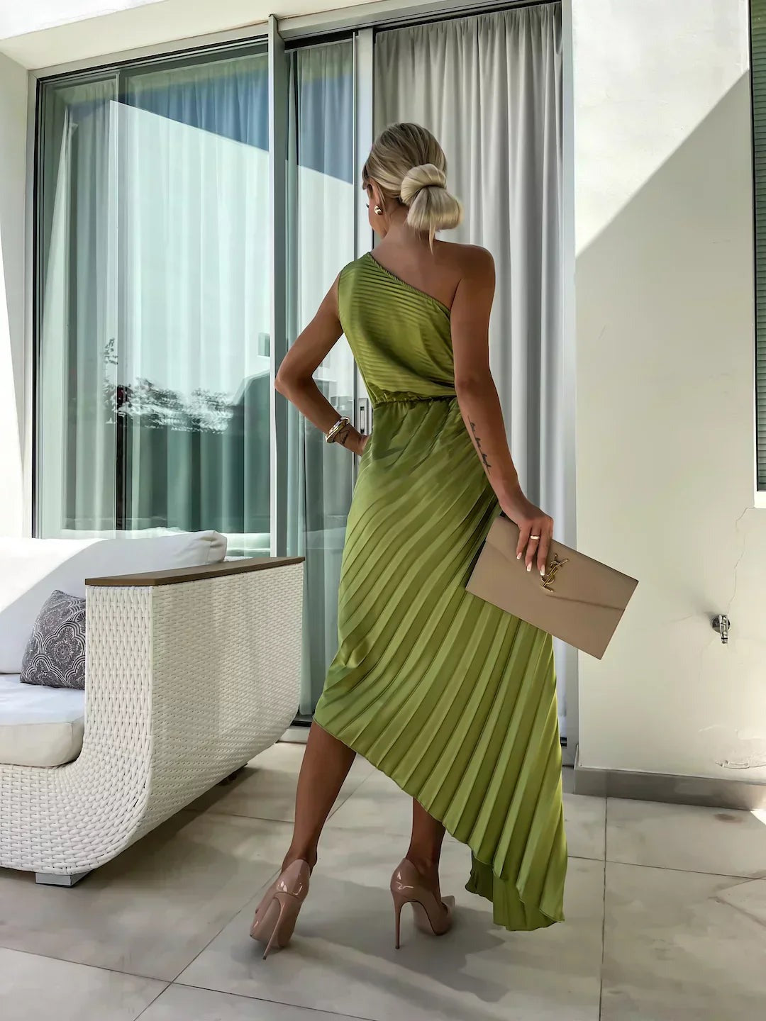 Women's One-Shoulder Pleated Midi Dress - side
