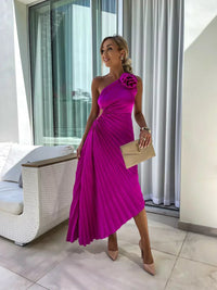 Women's One-Shoulder Pleated Midi Dress - view