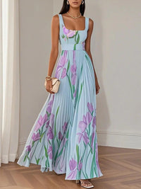 Women's Pleated Floral Maxi Dress | Square Neck - back