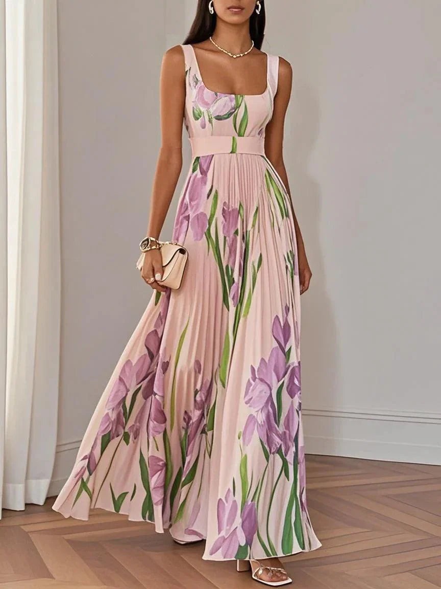 Women's Pleated Floral Maxi Dress | Square Neck - detail