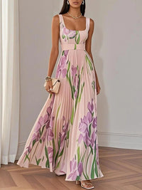 Women's Pleated Floral Maxi Dress | Square Neck - detail