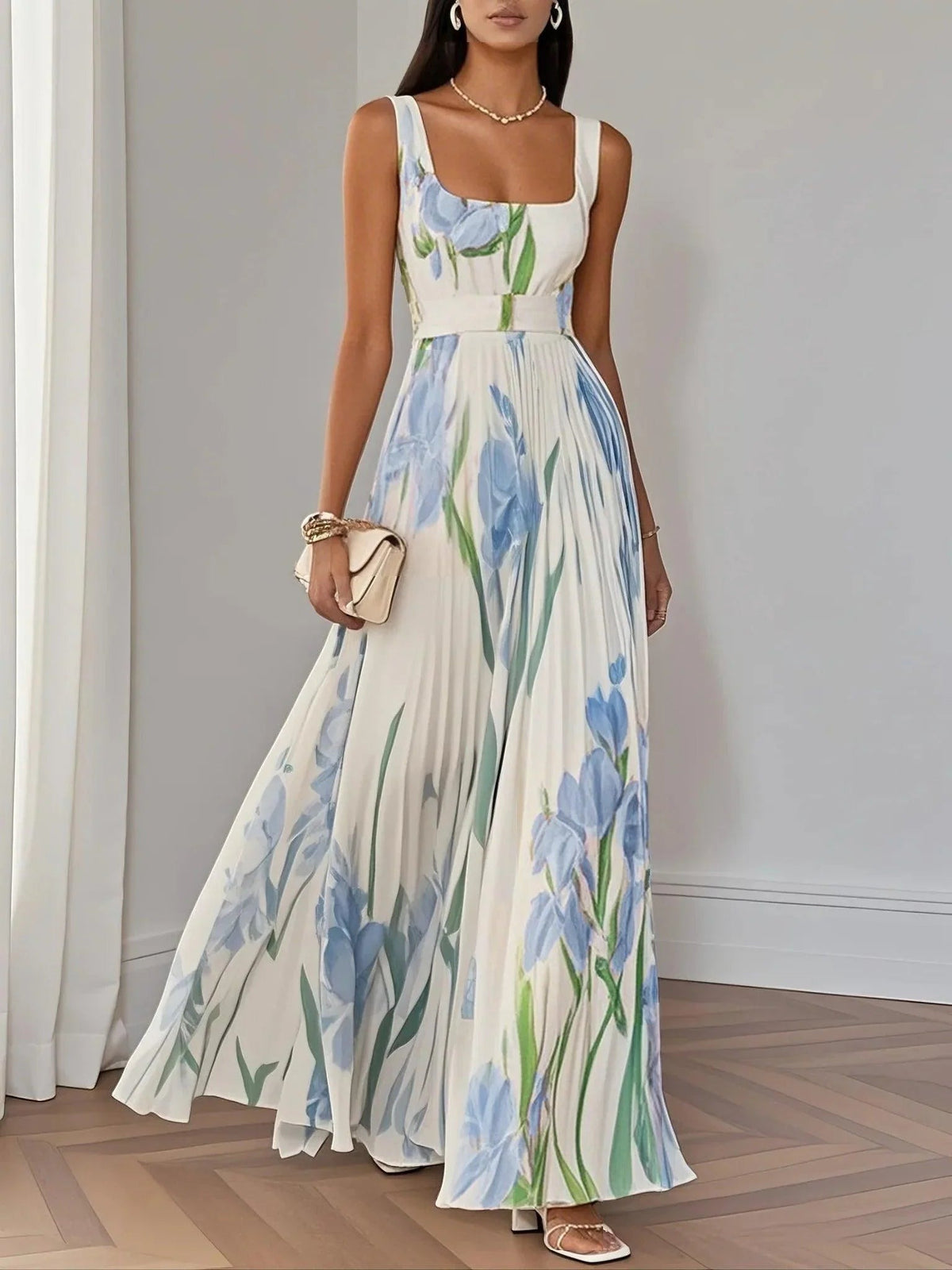 Women's Pleated Floral Maxi Dress | Square Neck - front