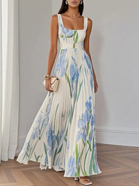 Women's Pleated Floral Maxi Dress | Square Neck - front