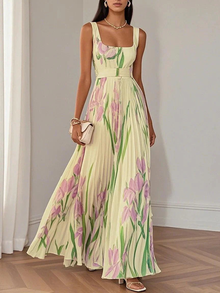 Women's Pleated Floral Maxi Dress | Square Neck - side