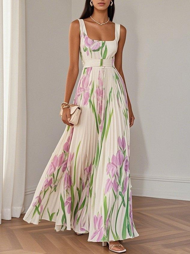 Women's Pleated Floral Maxi Dress | Square Neck - view