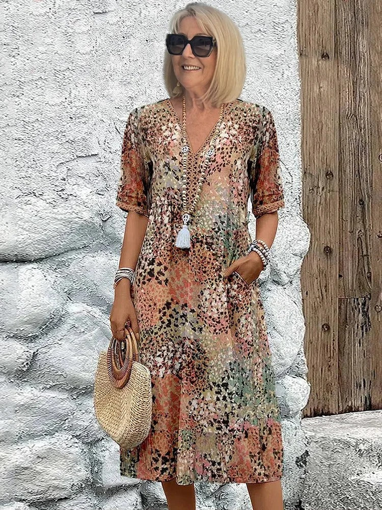 Women's Printed V-Neck Midi Boho Dress - detail
