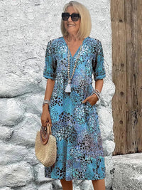Women's Printed V-Neck Midi Boho Dress - front