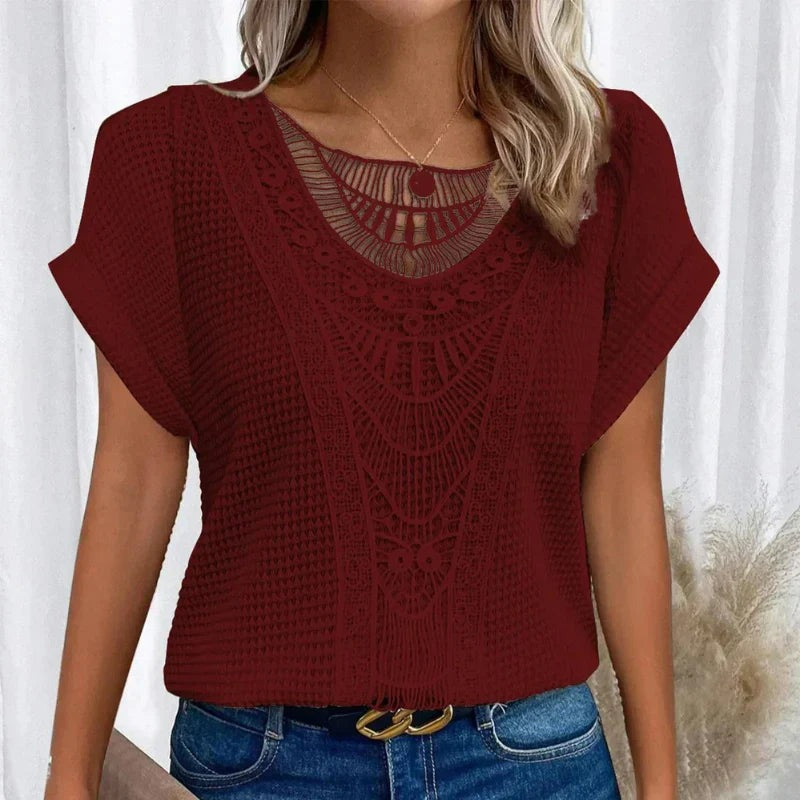Women's Round Neck Lace Trim Top - close-up