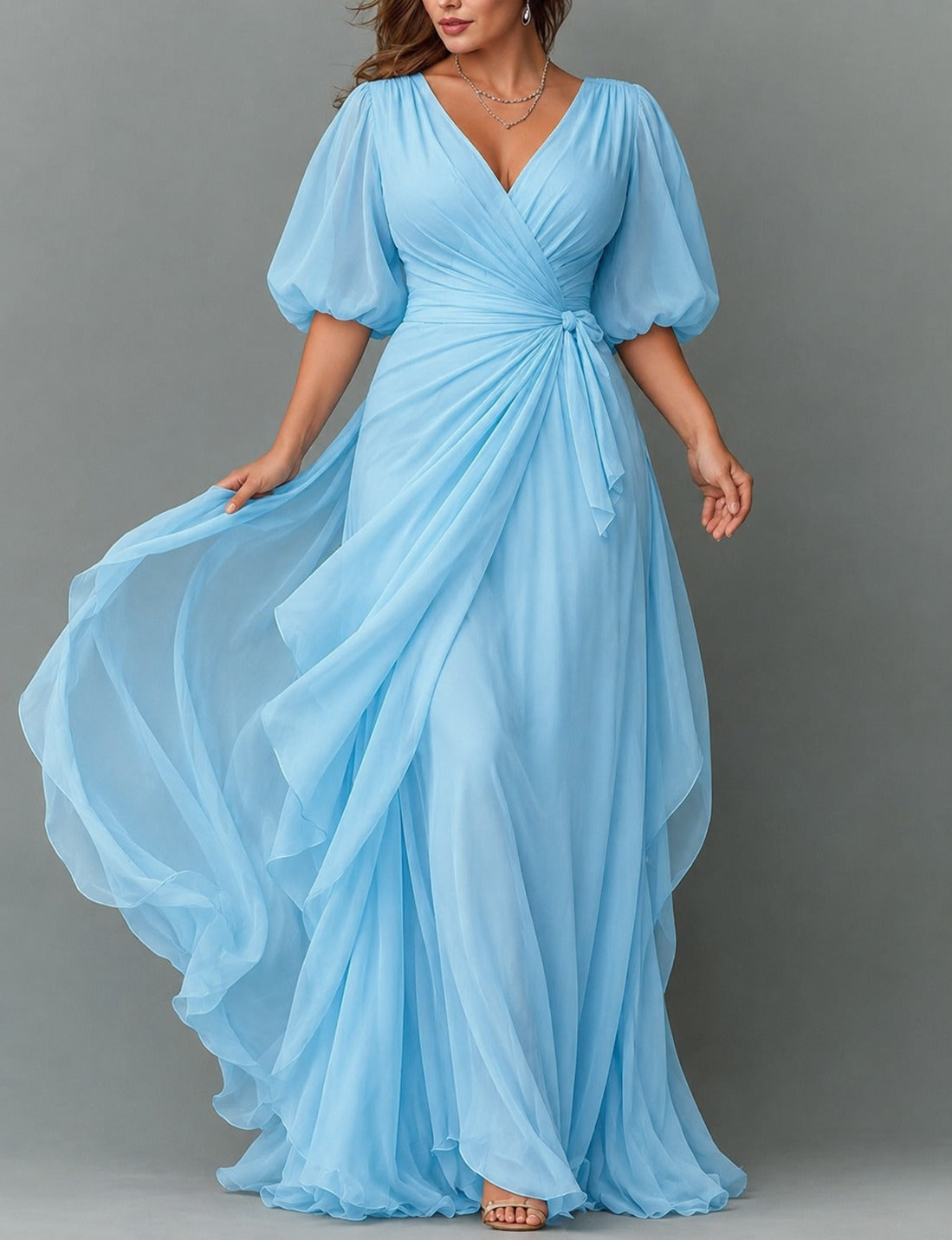 Women's V-Neck Tiered Maxi Dress | Wedding Guest Cascading Ruffle Skirt - detail