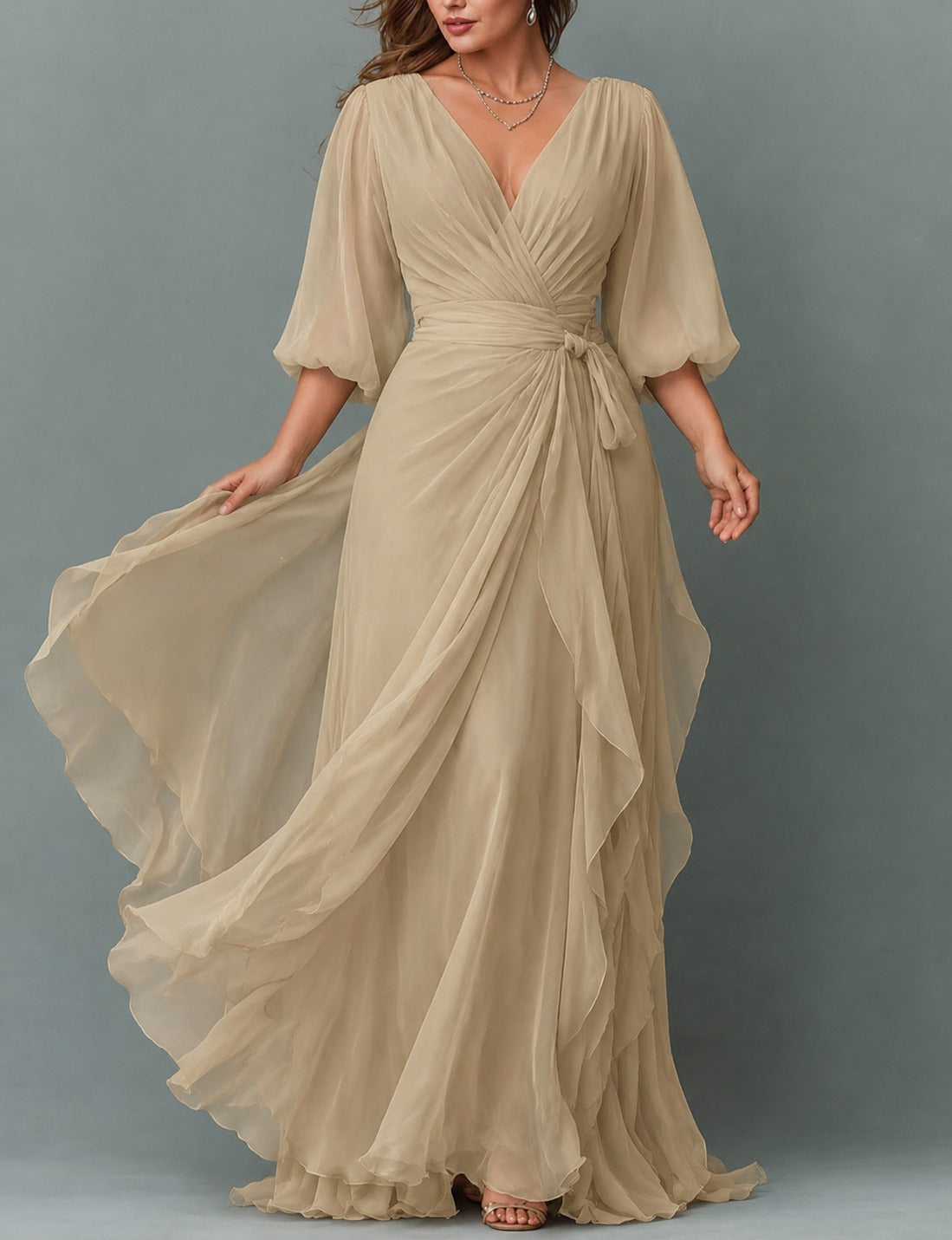 Women's V-Neck Tiered Maxi Dress | Wedding Guest Cascading Ruffle Skirt - front