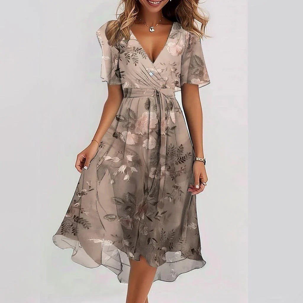 Women's Wrap Flutter Sleeve Elegant Midi Dress - detail