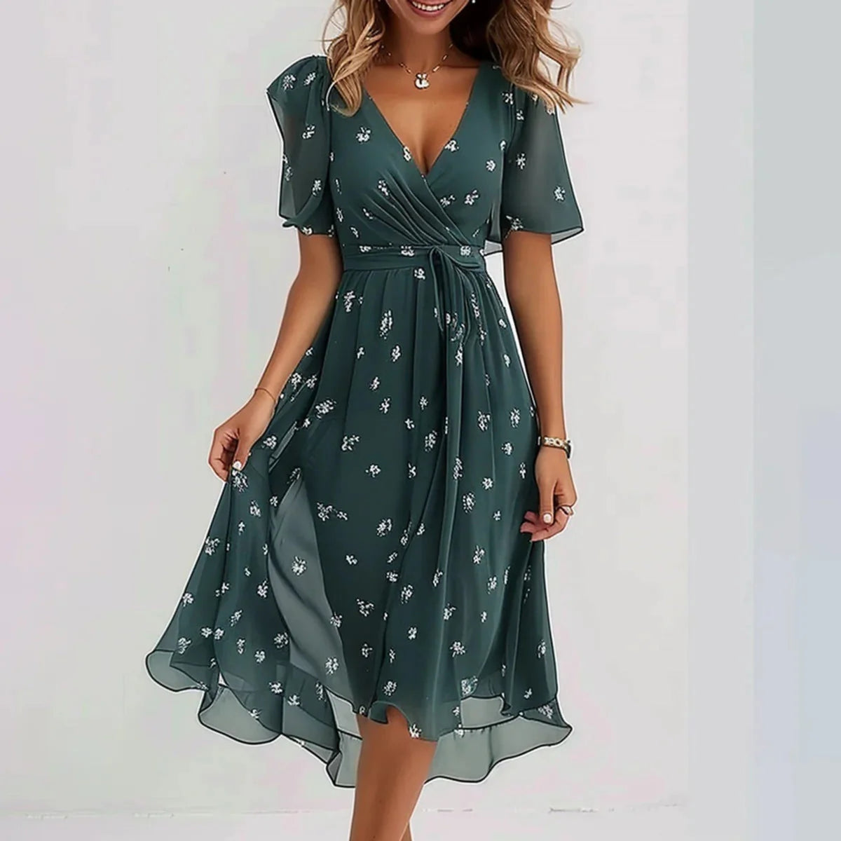 Women's Wrap Flutter Sleeve Elegant Midi Dress - hero